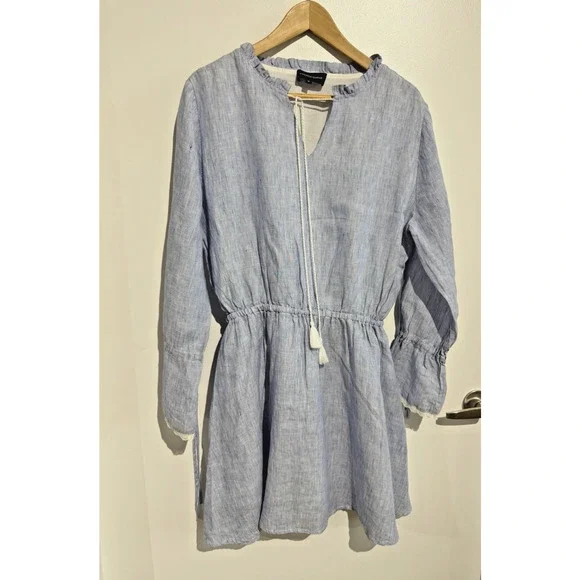 French Curve Linen ruffle V neck Dress Pinstripe Nautical Blue beach lace Sz-M - Picture 2 of 8